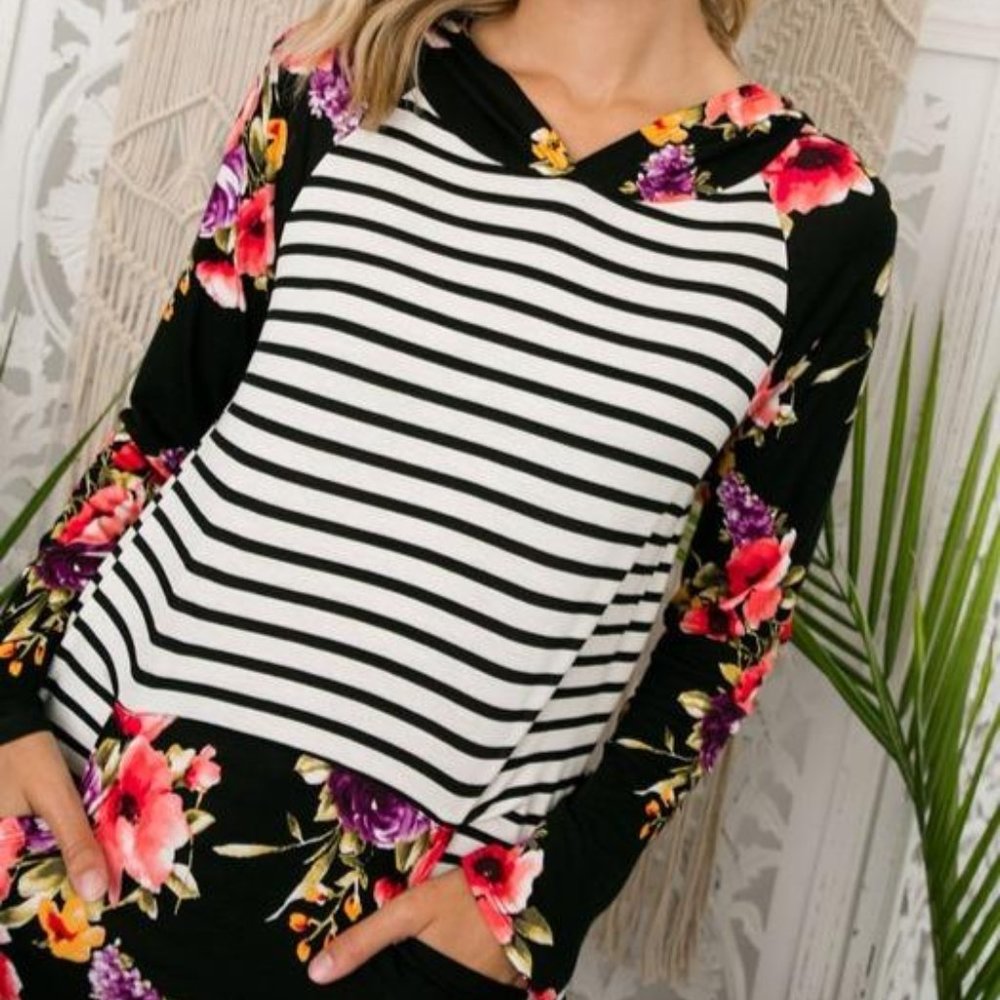 Floral and Striped Long Sleeve Hoodie With Pocket